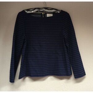 Kate Spade New York Women Boat Neck 3/4 Sleeve Top Sz 8 Blue Striped Back Zipper